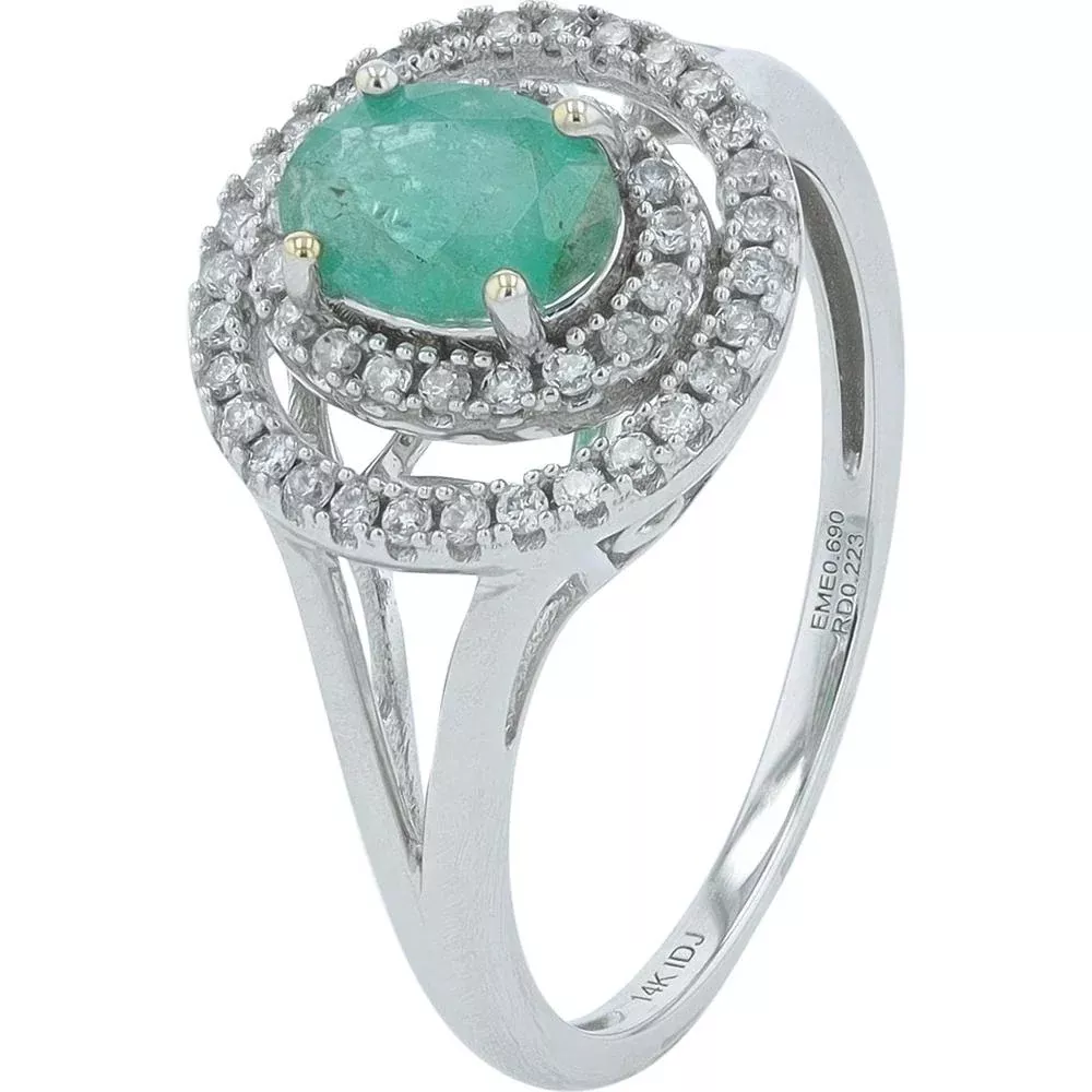 14K White Gold 0.75 Carat Emerald and 0.23 Carat Diamond Halo Ring