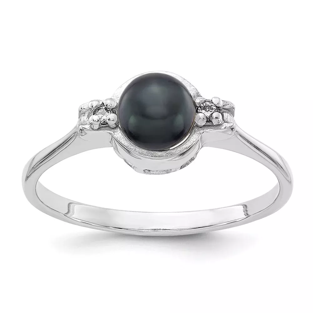 14k White Gold 5mm Black FW Cultured Pearl AAA Real Diamond ring