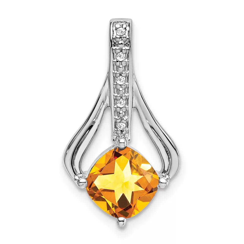 14k White Gold 7mm Cushion Citrine and Diamond Pendant Fits up to 4mm Fancy Omega Only