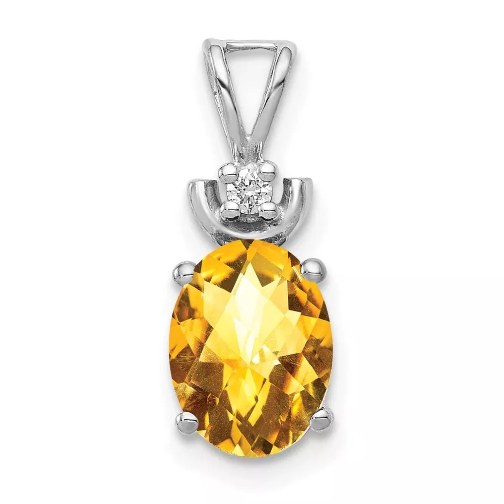 14k White Gold 8x6mm Oval Citrine Checker AAA Diamond Pendant