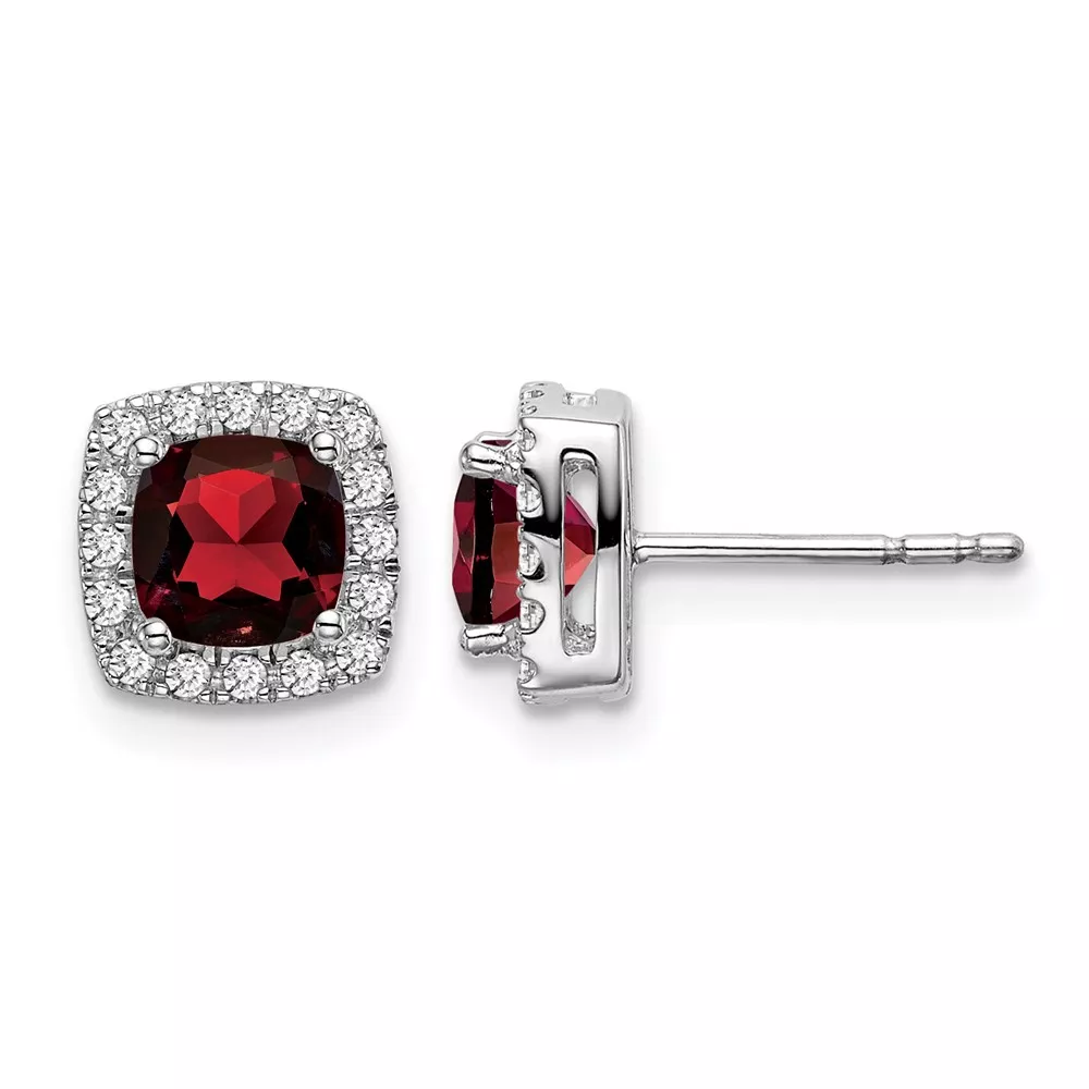 14k White Gold Cushion Garnet and Diamond Halo Earrings