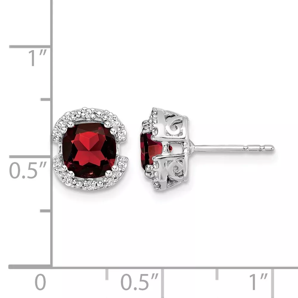 14k White Gold Cushion Garnet and Real Diamond Halo Earrings