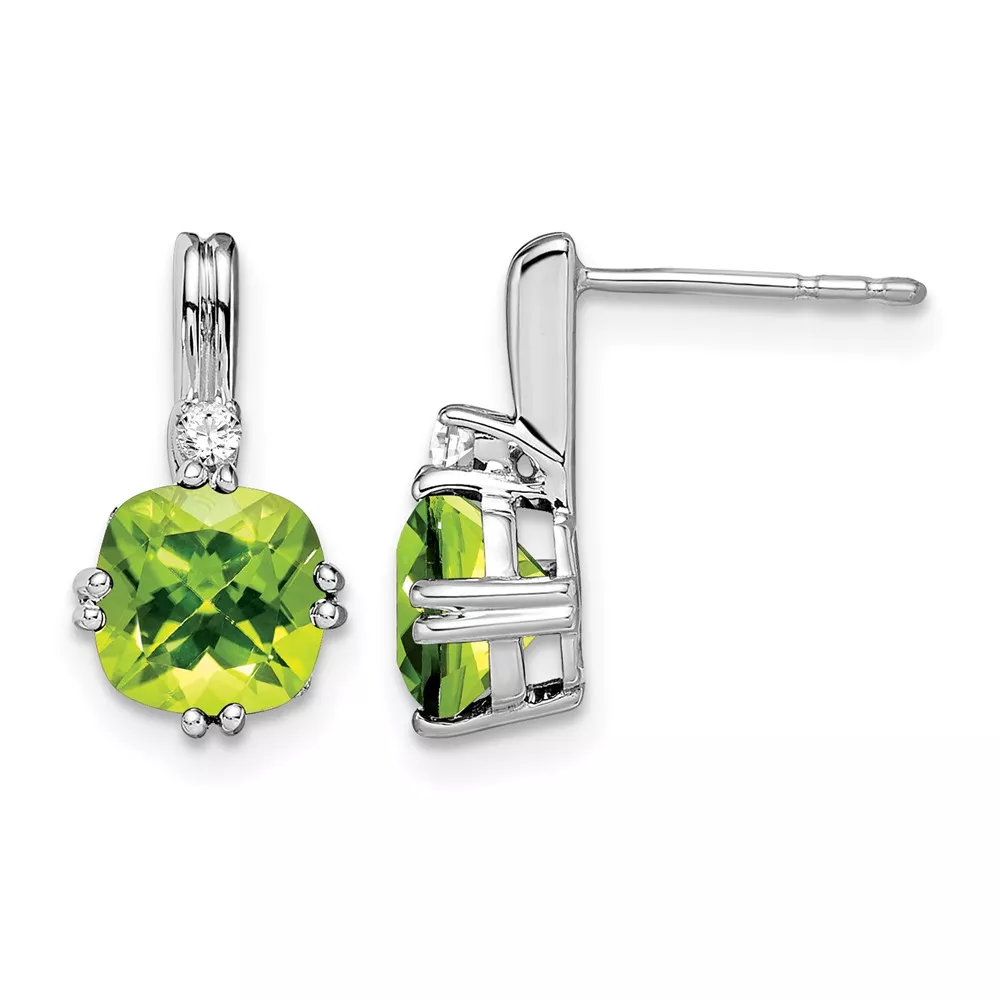 14k White Gold Cushion Peridot and Diamond Earrings
