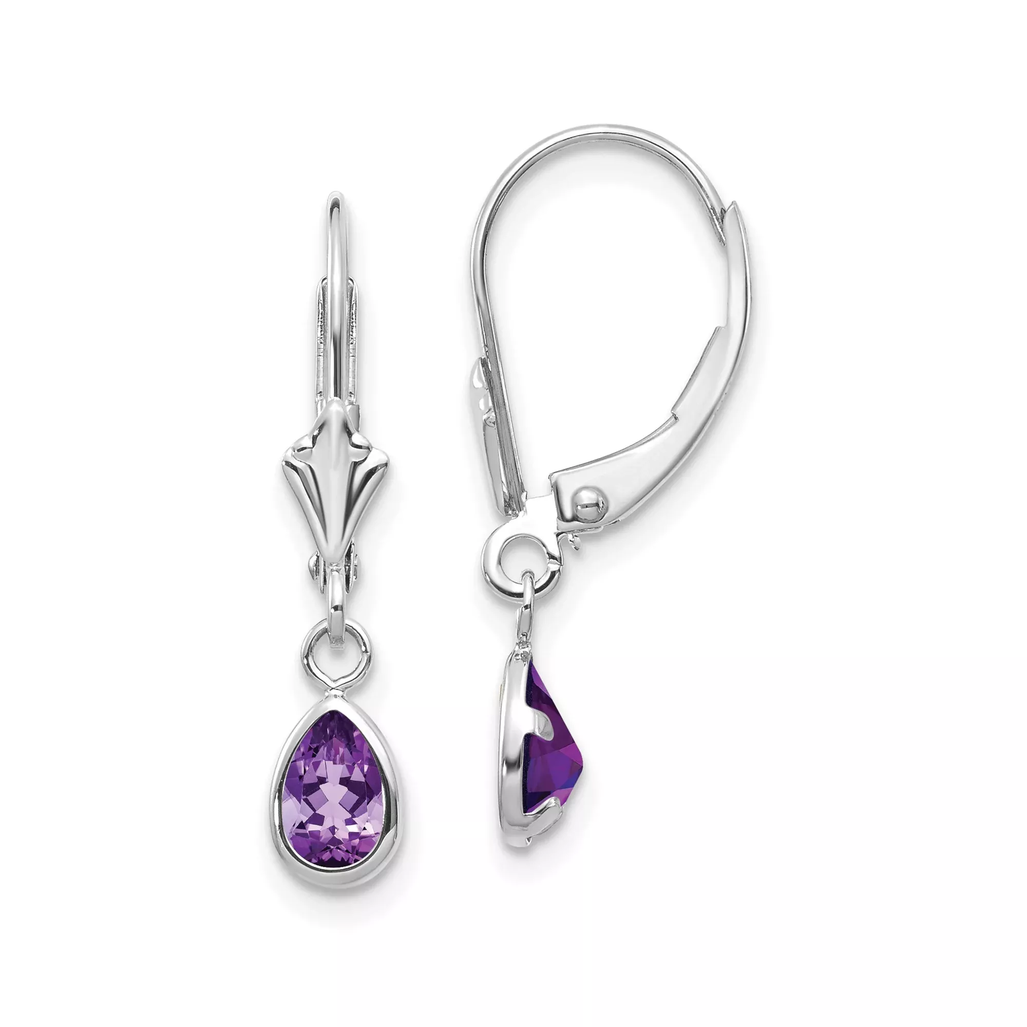 14k White Gold Dangle Earrings with Pear Shaped Amethyst in Bezel Setting