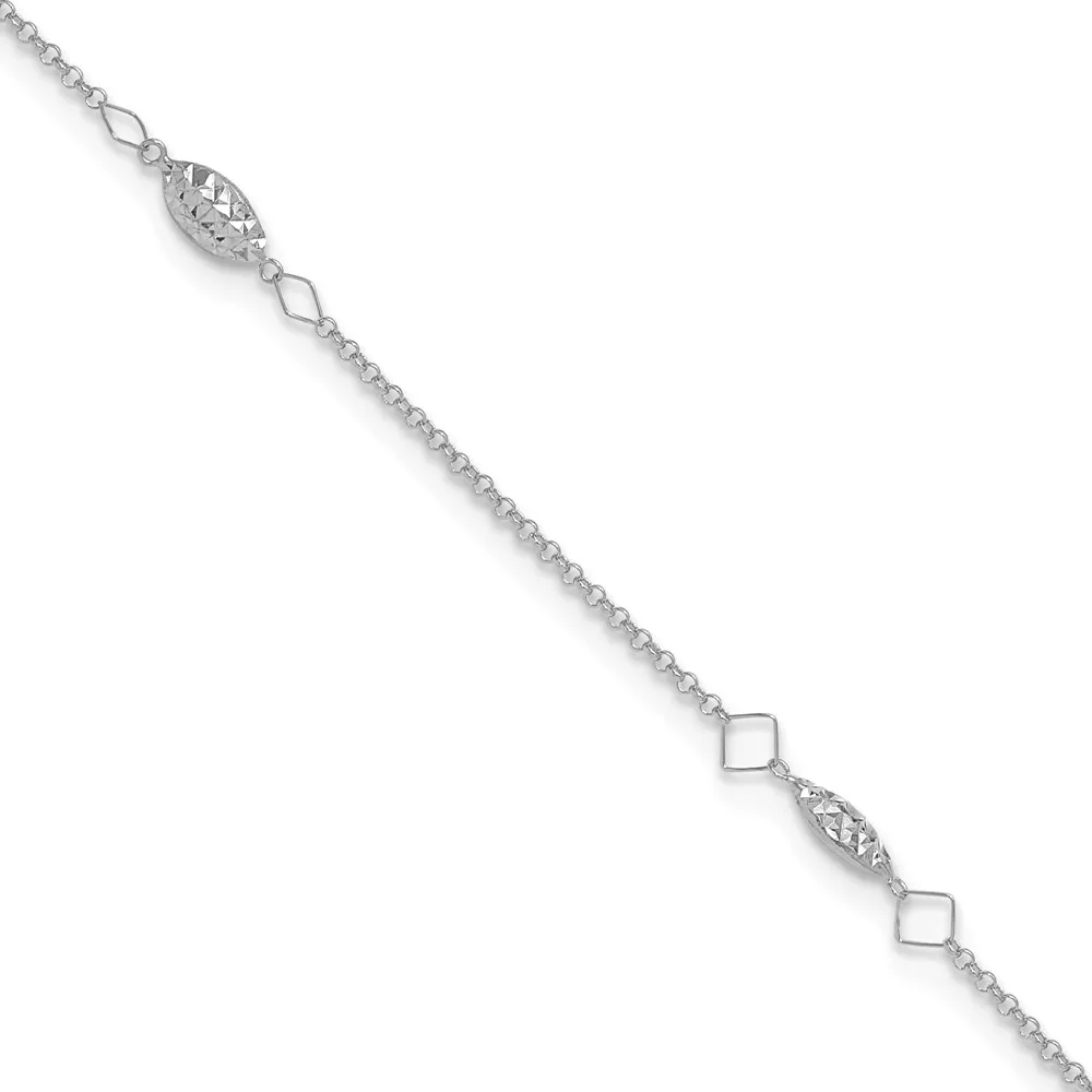14K White Gold Diamond-cut Rice Puff Beads 4-Station Plus Extender – Total Anklet