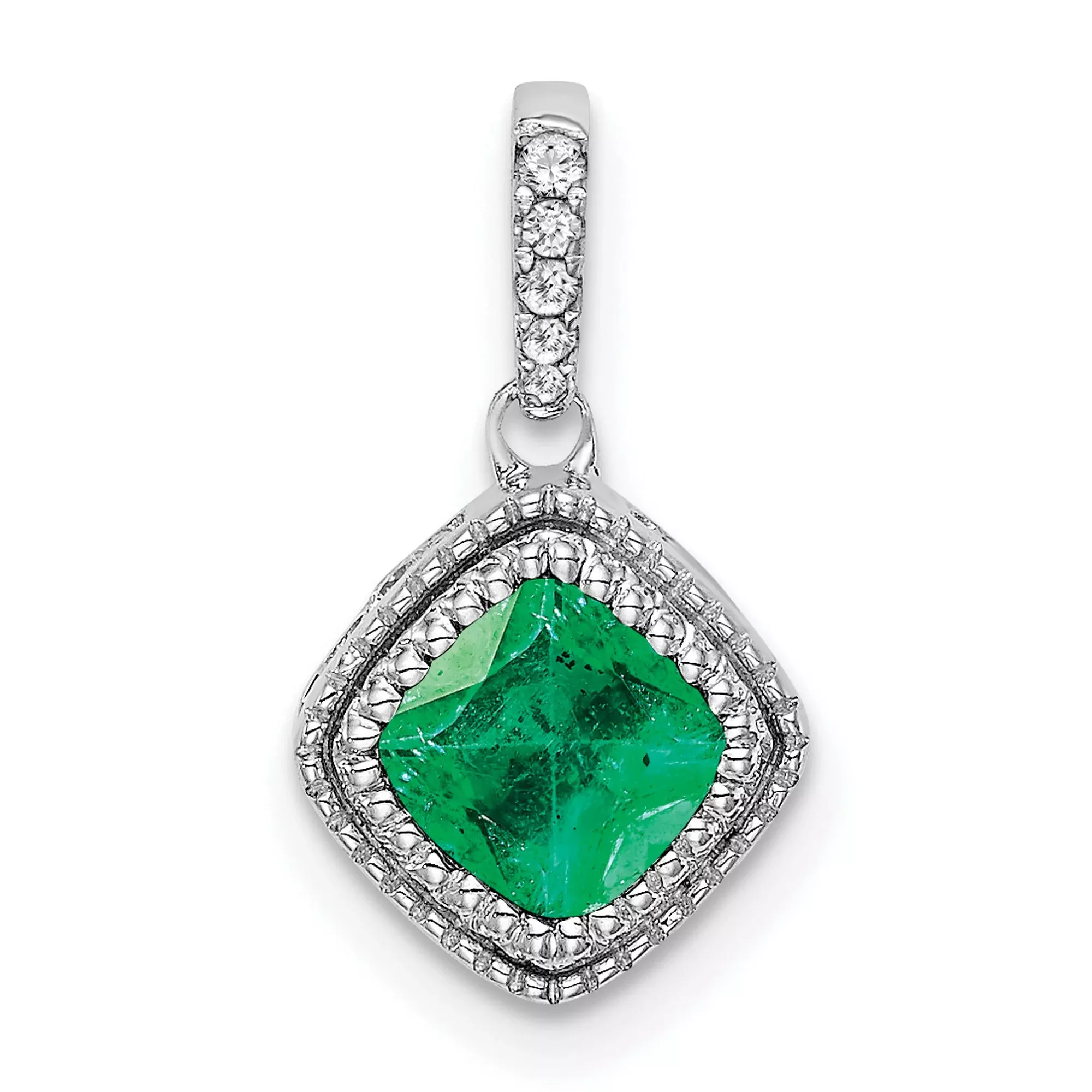 14k White Gold Emerald Pendant with Diamond Halo, Cushion Cut, for Women