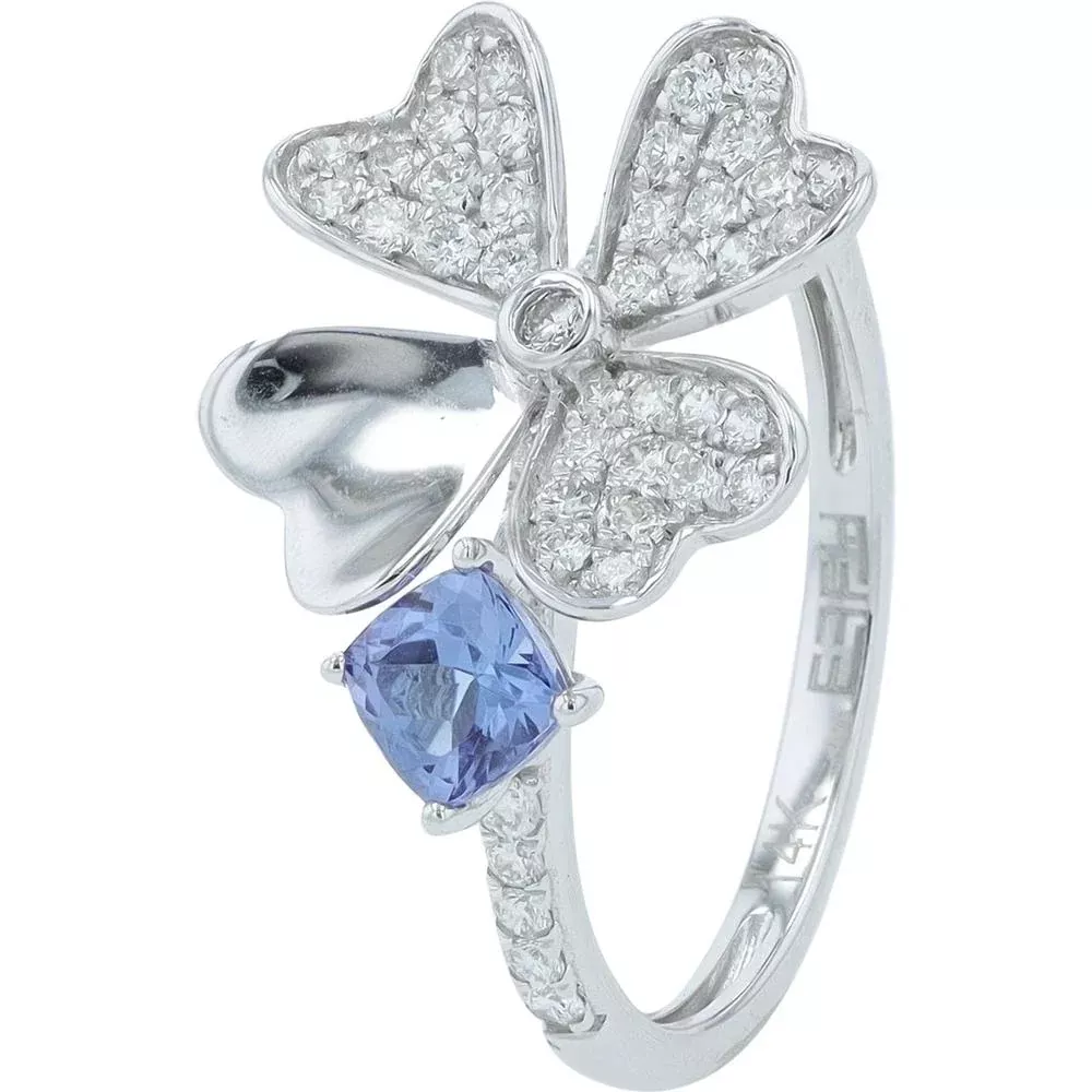 14K White Gold Flower Ring with Cushion-Cut Tanzanite and Diamond Accents - 0.28 Carat Tanzanite and 0.43 Carat Diamond Total Weight