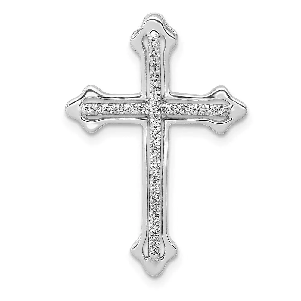 14k White Gold Polished 1 /10ct. Real Diamond Budded Cross Chain Slide