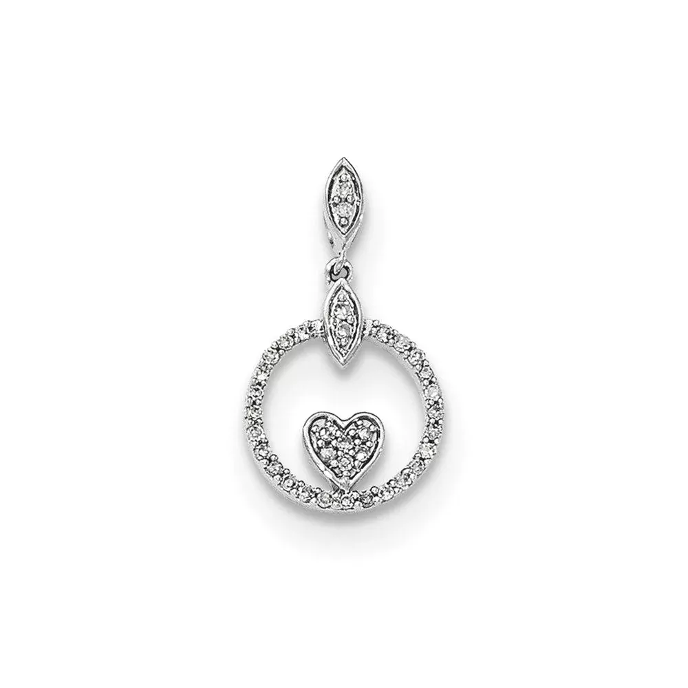 14k White Gold Polished Circle w /Heart Real Diamond Pendant