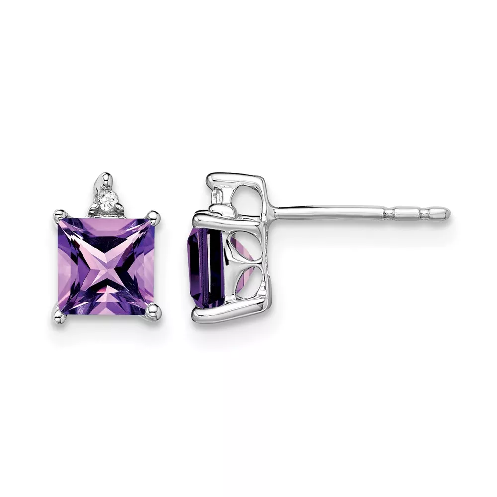 14k White Gold Princess Amethyst and Diamond Earrings