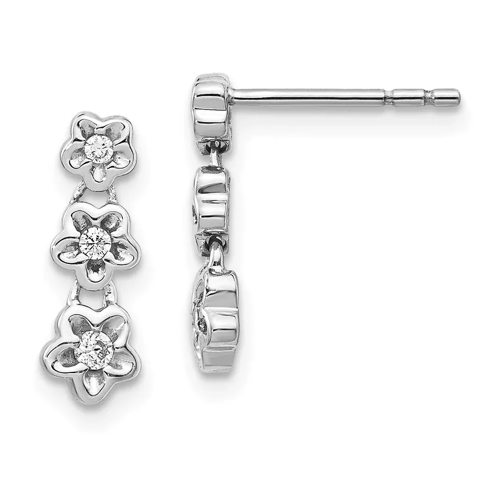 14k White Gold Real Diamond 3-flower Post Earrings