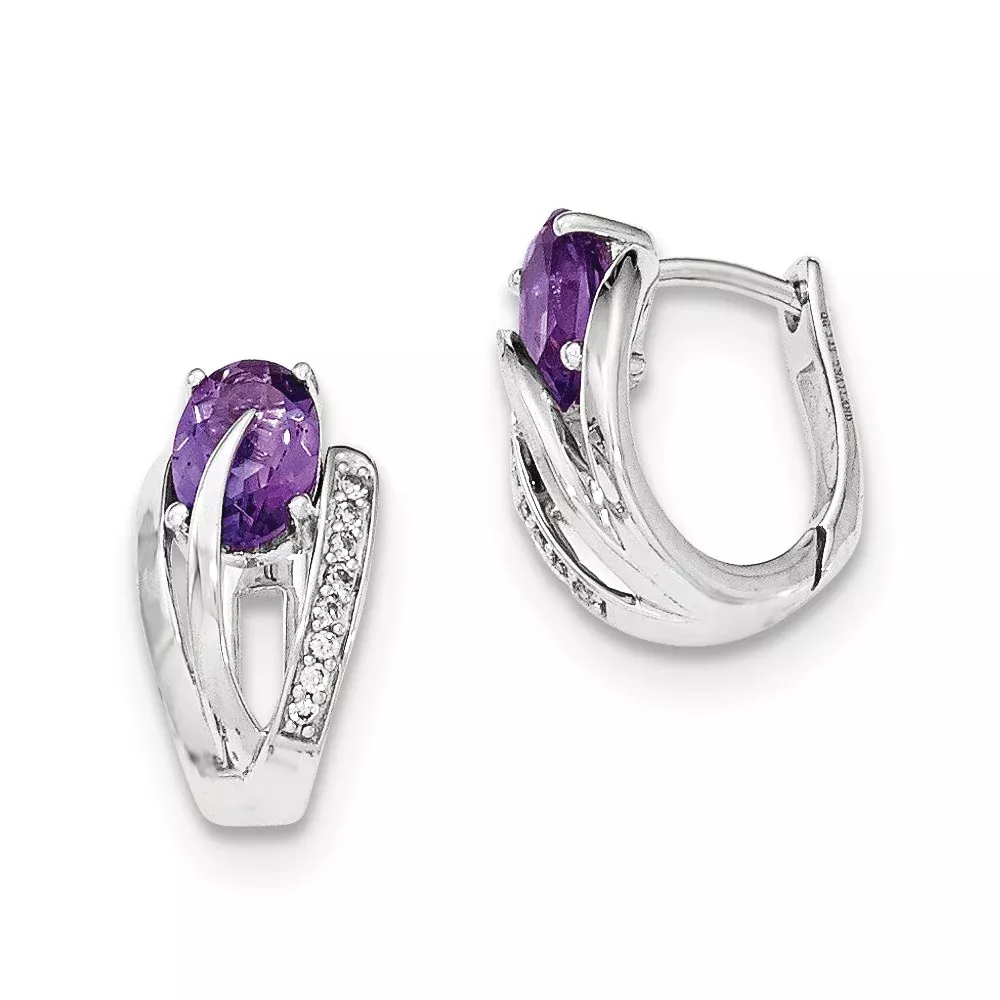 14K White Gold Real Diamond & Amethyst Hinged Hoop Earrings
