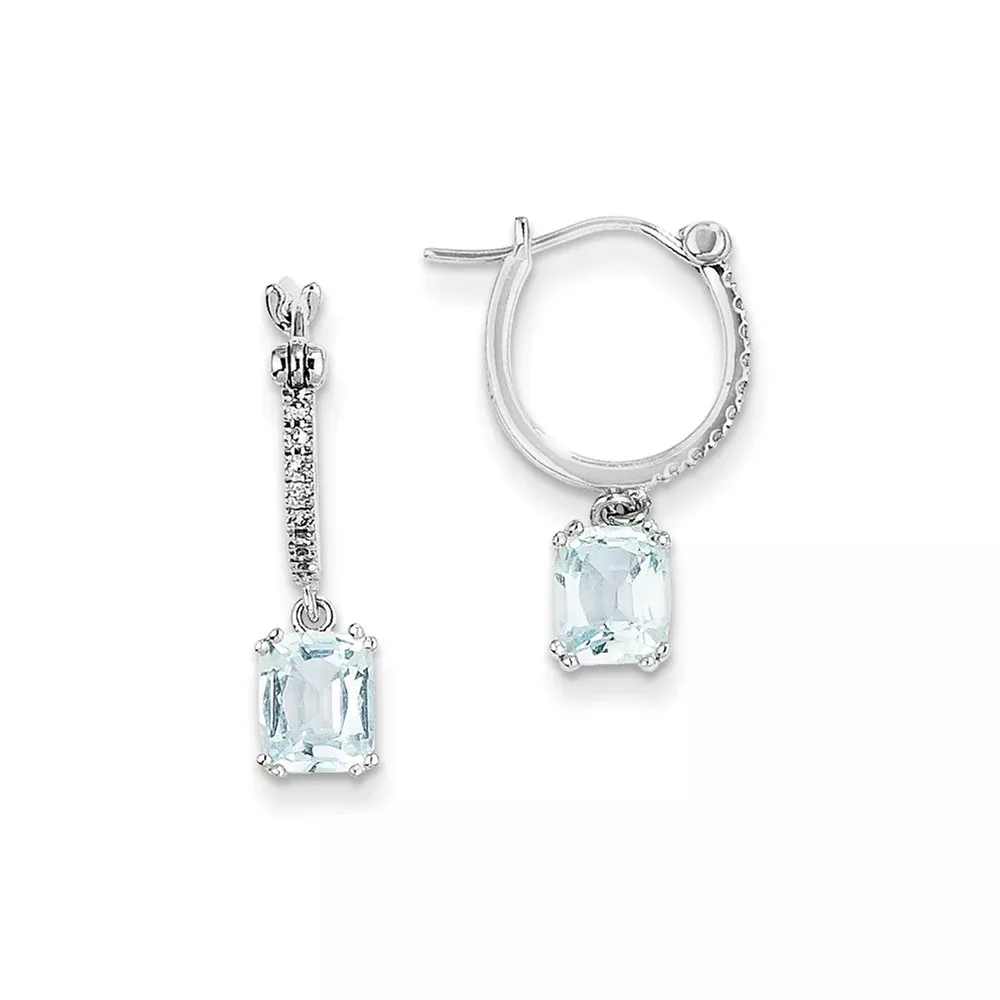 14k White Gold Real Diamond and Blue Topaz Dangle Hoop Earrings