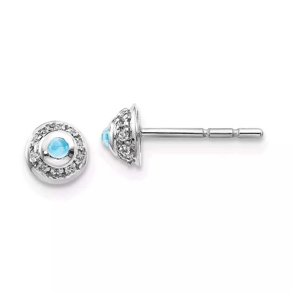 14k White Gold Real Diamond & Cabochon Blue Topaz Earrings