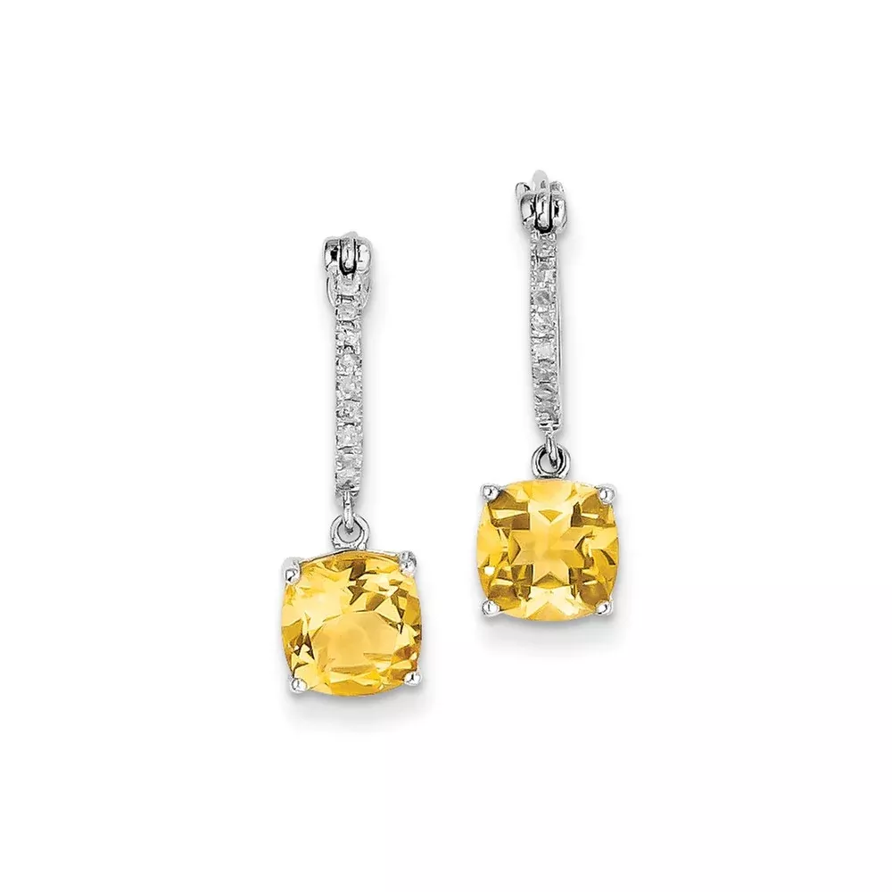 14k White Gold Real Diamond & Citrine Dangle Hinged Hoop Earrings