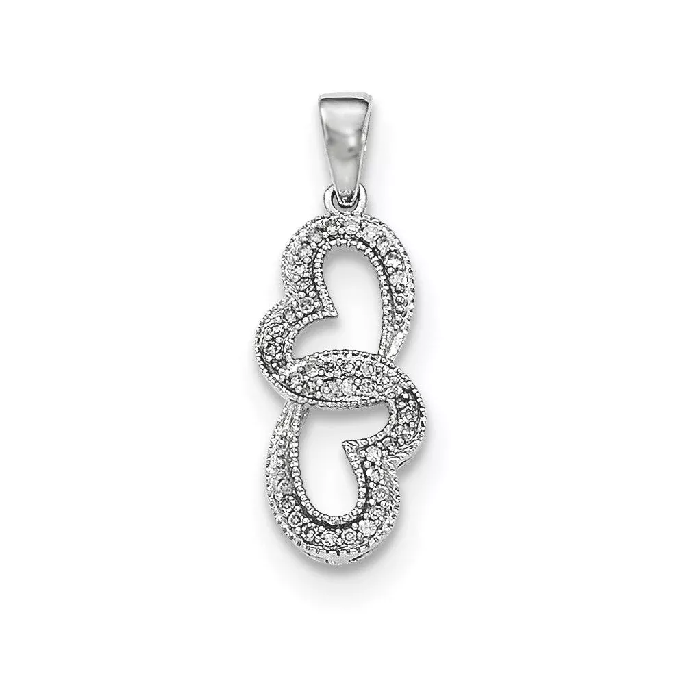 14k White Gold Real Diamond Double Heart Pendant