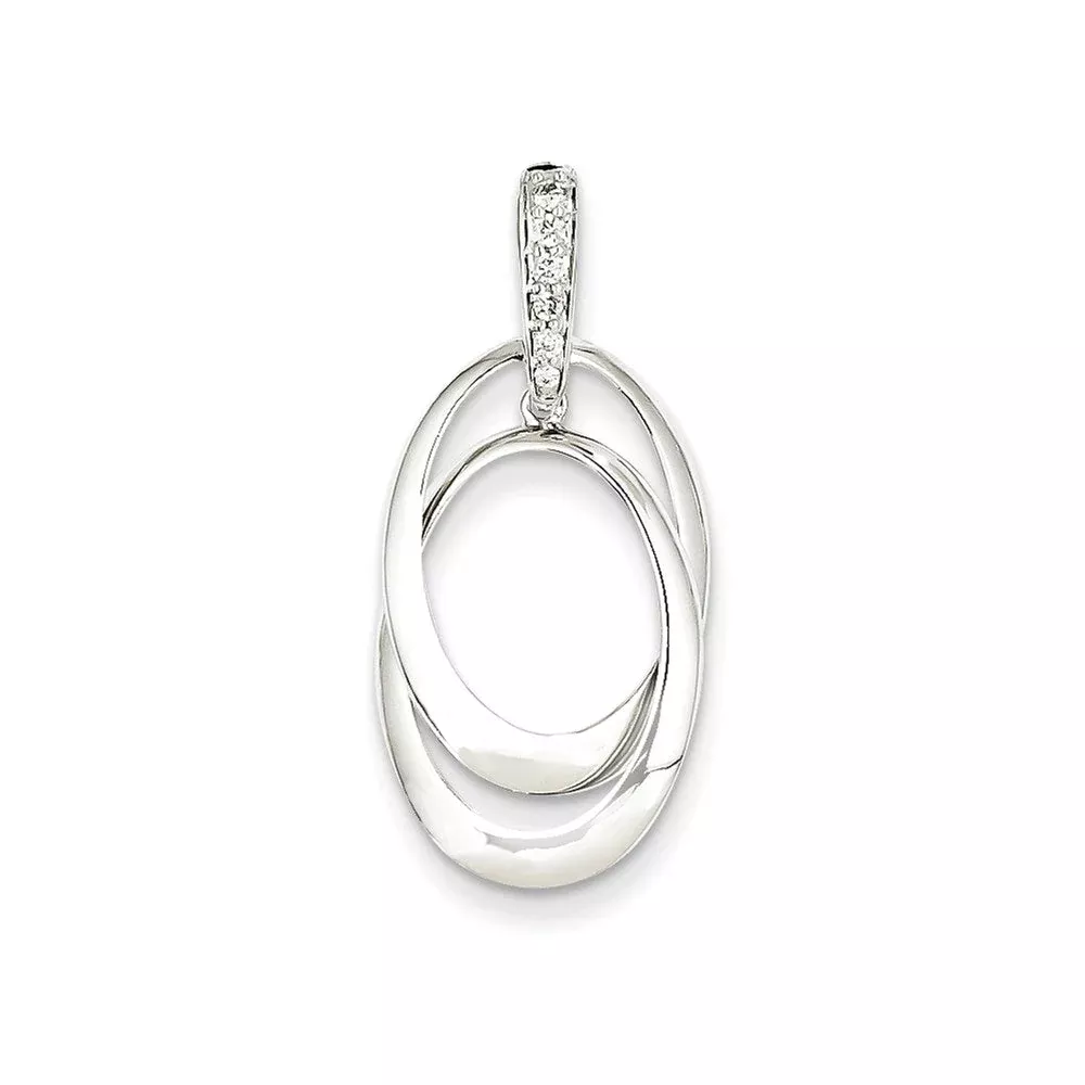 14K White Gold Real Diamond Double Oval Pendant