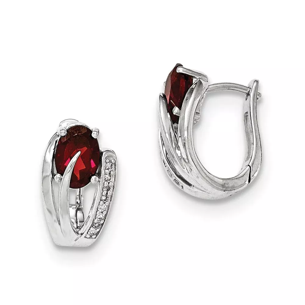 14K White Gold Real Diamond & Garnet Polished Hinged Hoop Earrings