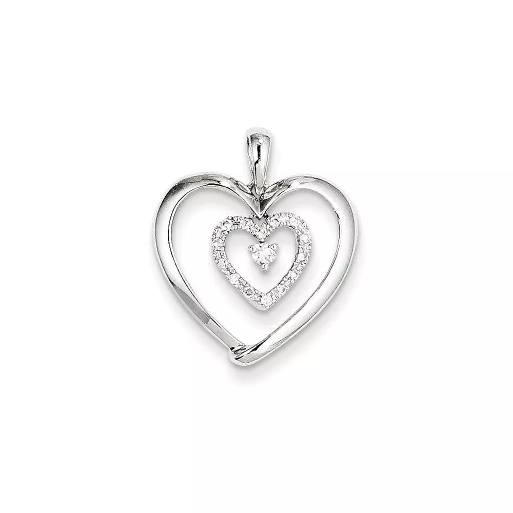 14K White Gold Real Diamond Heart Dangle Pendant