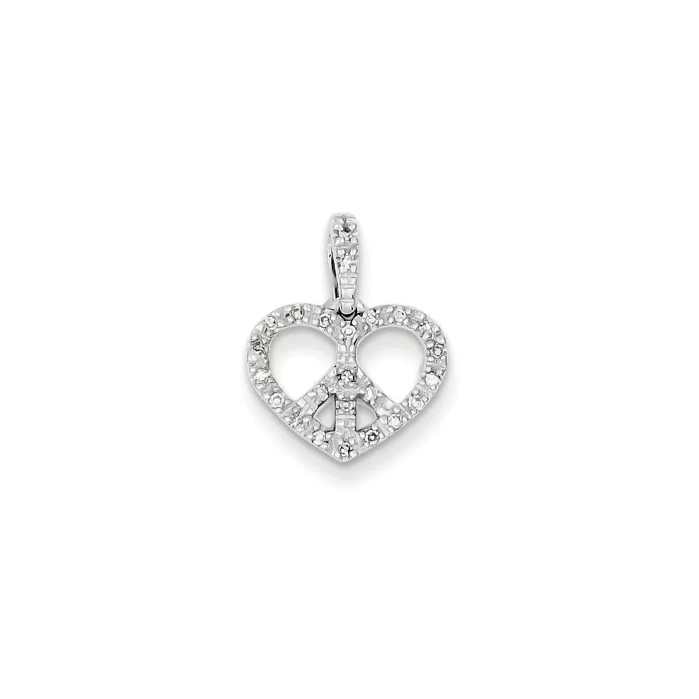 14k White Gold Real Diamond Heart w /Peace Symbol Pendant