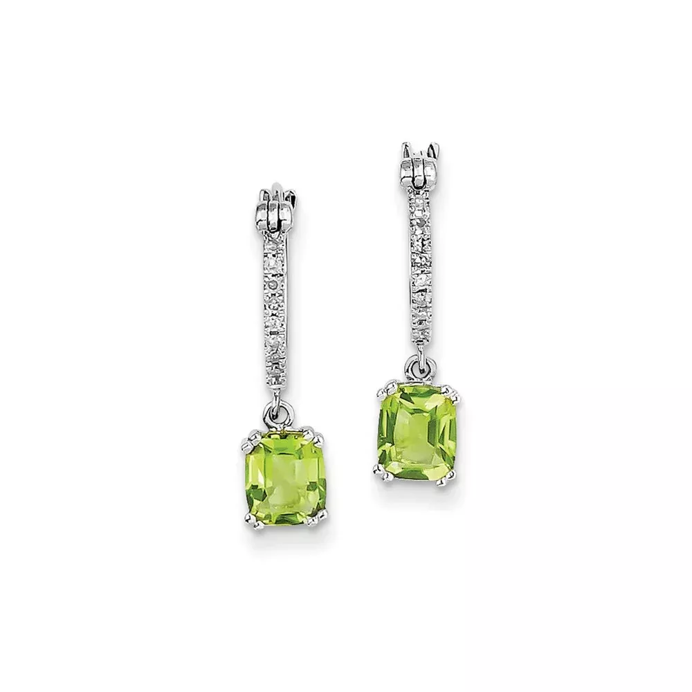 14k White Gold Real Diamond and Peridot Dangle Hoop Earrings