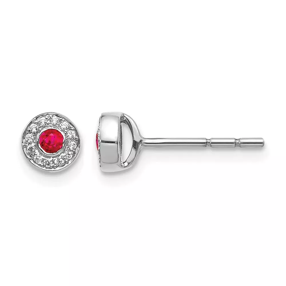 14k White Gold Real Diamond and Ruby Halo Post Earrings