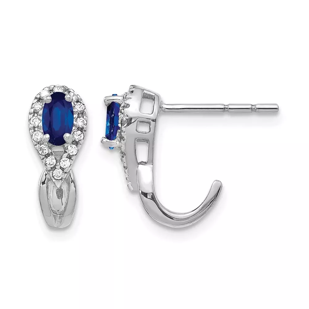 14K White Gold Real Diamond & Sapphire J Hoop Post Earrings