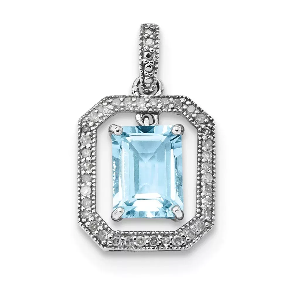 14k White Gold Real Diamond u0026 Dangling Blue Topaz Pendant