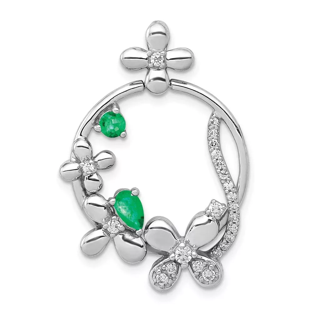 14k White Gold Real Diamond u0026 Emerald Flower Pendant