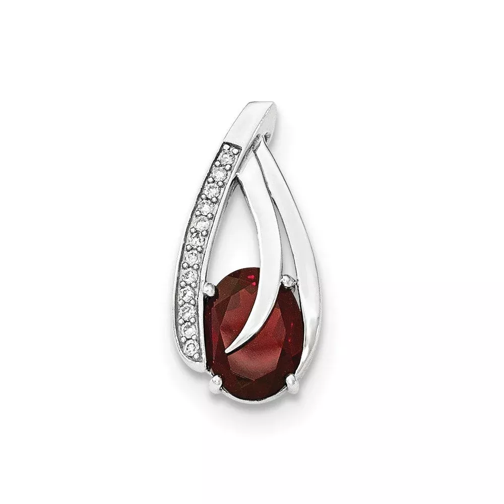 14K White Gold Real Diamond u0026 Garnet Polished Chain Slide Pendant