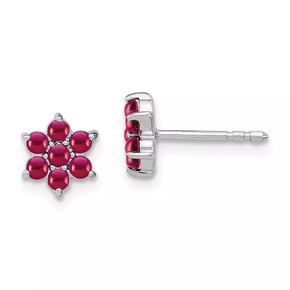 14k White Gold Ruby Cabochon Floral Post Earrings