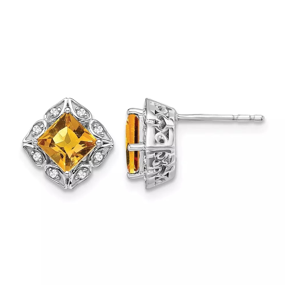 14k White Gold Square Citrine and Real Diamond Earrings