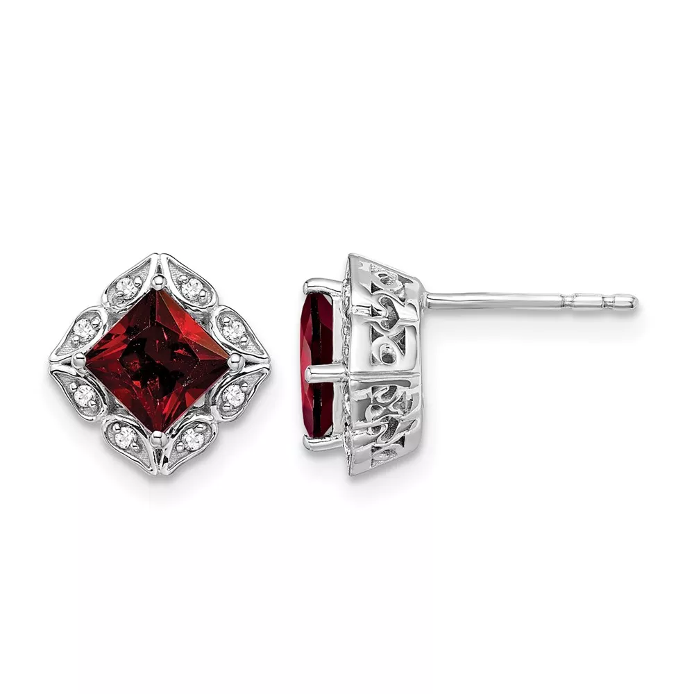 14k White Gold Square Garnet and Diamond Earrings