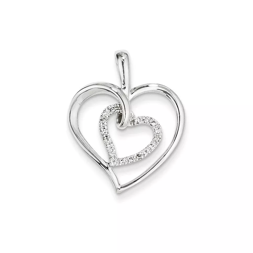 14K White Gold u0026 Real Diamond Double Heart Pendant