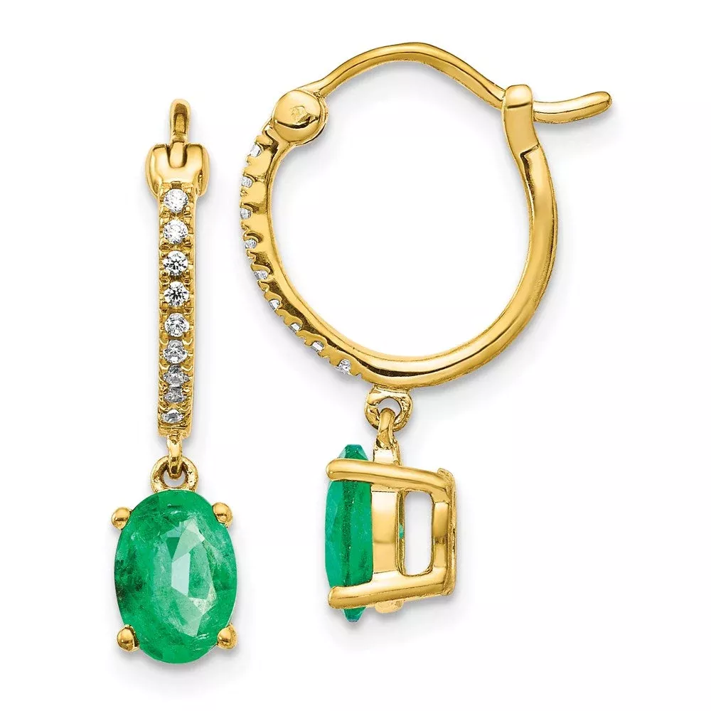 14k Yellow Gold 1/10ct Real Diamond and Emerald Dangle Hoop Earrings