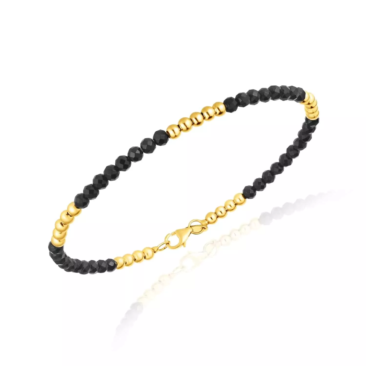 14K Yellow Gold 3.5mm Ball Beaded Black Onyx Bracelet (Solid Links) 7"