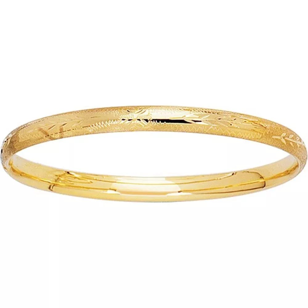 14K Yellow Gold 5.5" Filigree Pattern and Florentine Finish Children's Bangle by Orozza Fine Jewelry