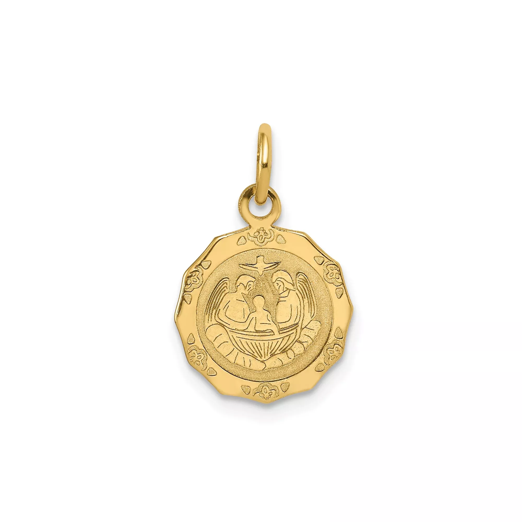 14k Yellow Gold Baptism Pendant with Angel and Dove Scene, Catholic Religious Medal Charm