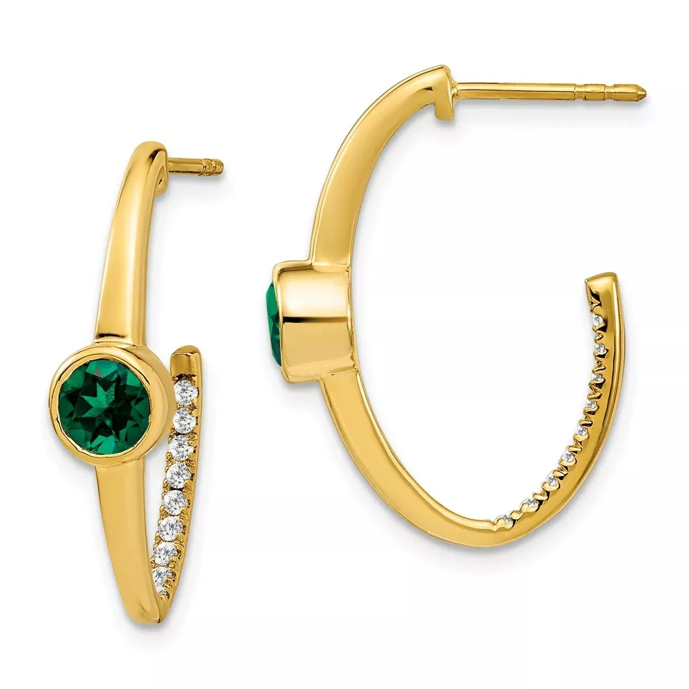 14k Yellow Gold Created Emerald and Real Diamond J-Hoop Earrings
