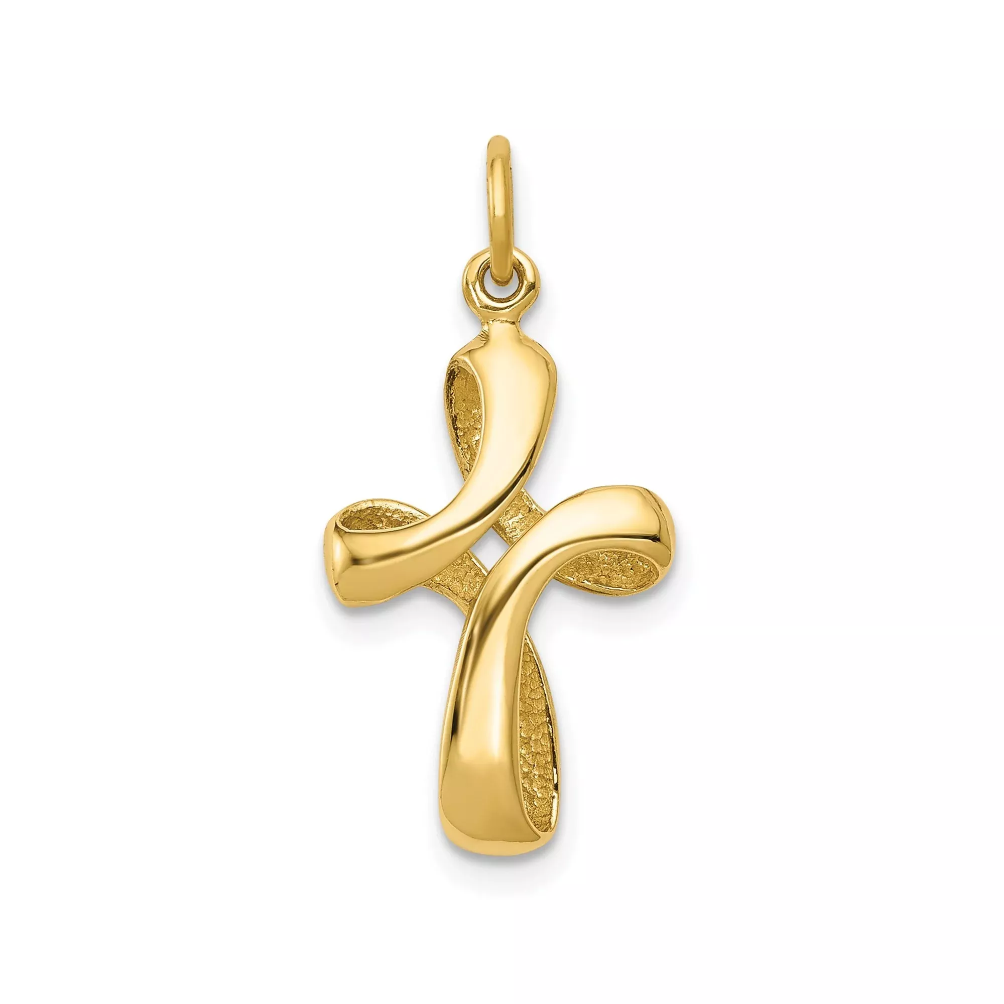 14k Yellow Gold Cross Pendant with Sculpted Ribbon Design, Polished Religious Jewelry
