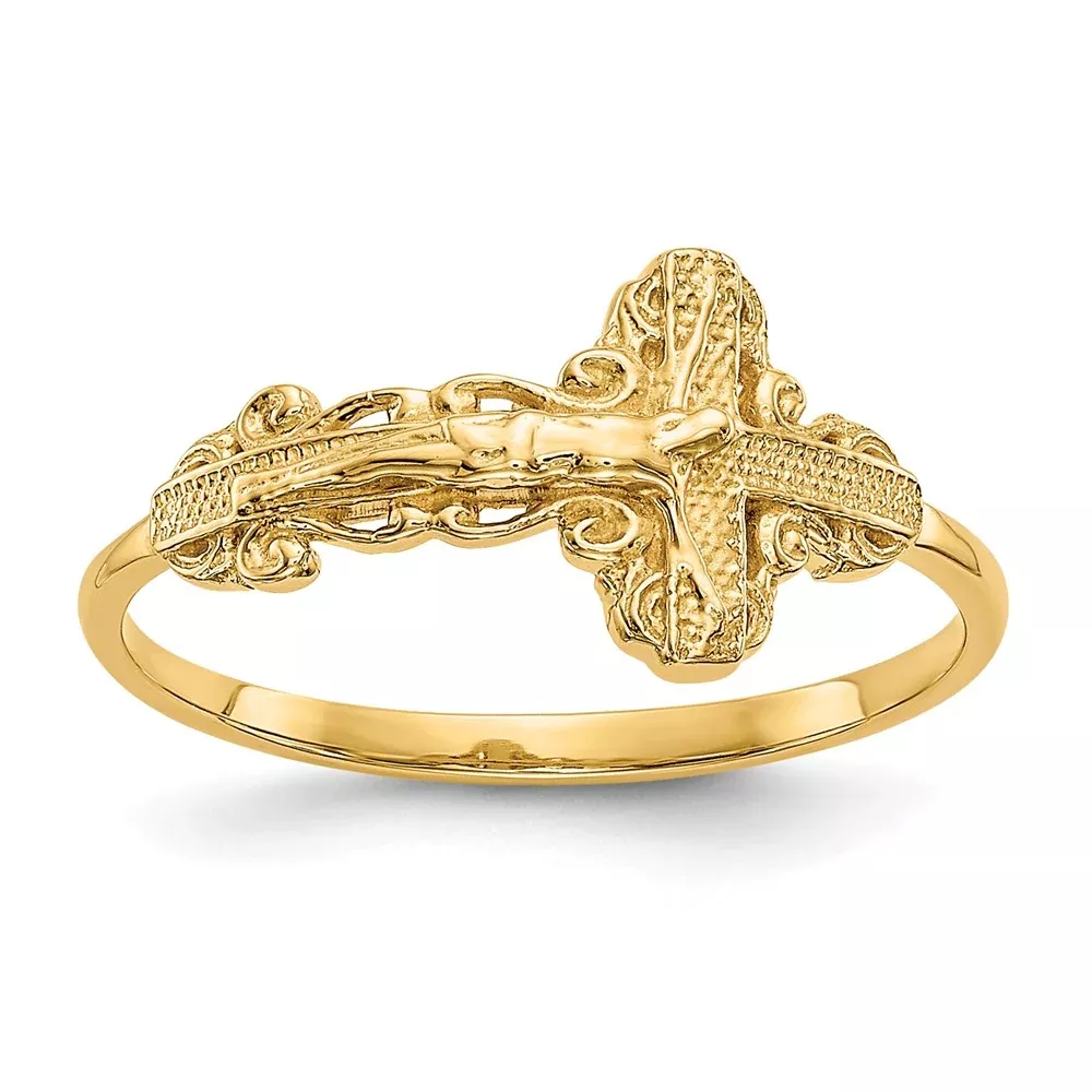 14K Yellow Gold Diamond-Cut Crucifix Ring