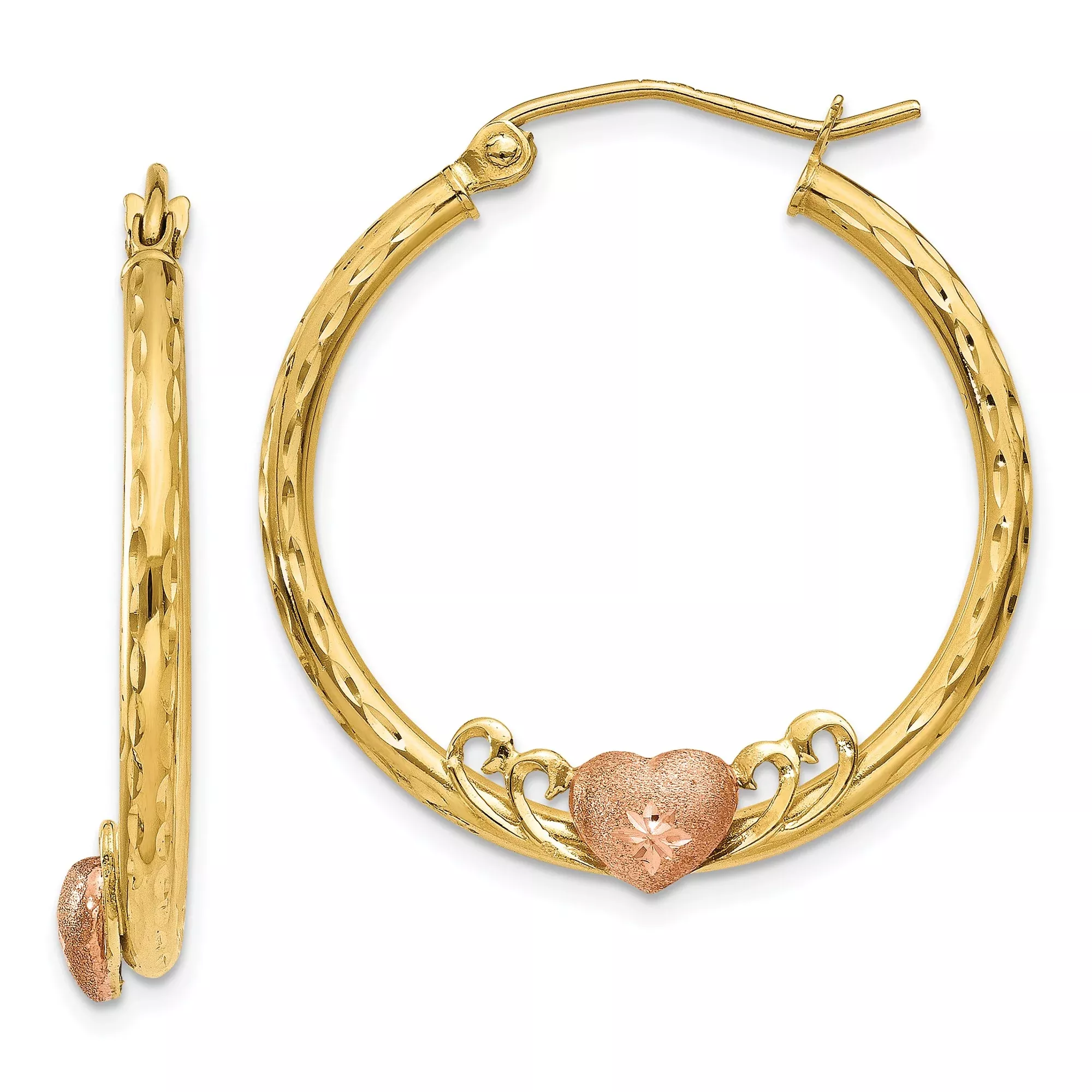 14k Yellow Gold Hoop Earrings with Rose Gold Heart Accent and Textured Scroll Design