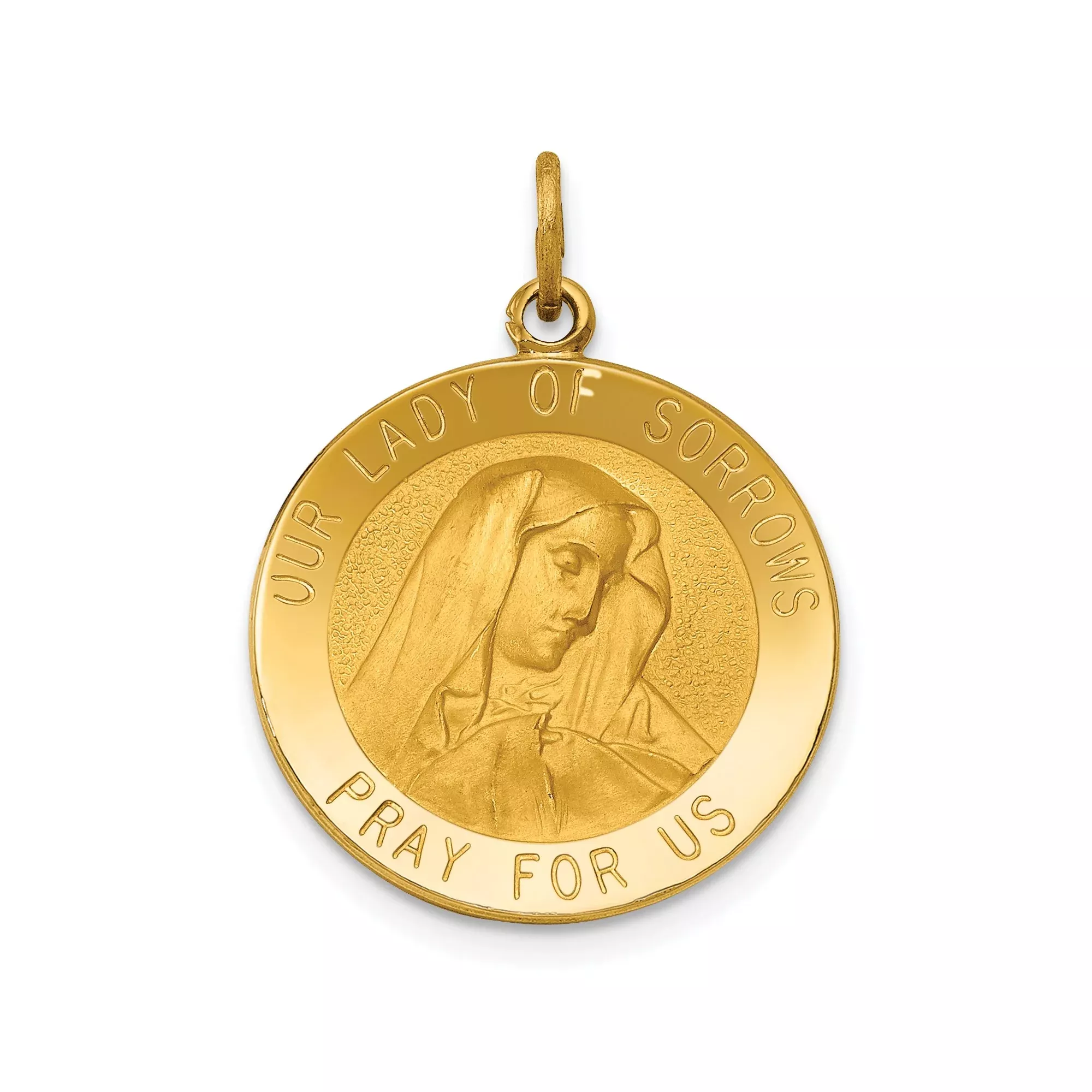 14k Yellow Gold Our Lady of Sorrows Pendant Medal with Virgin Mary Engraving