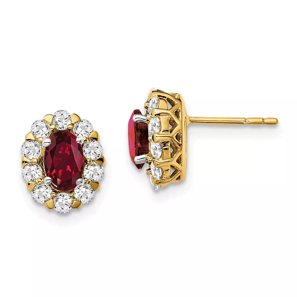 14k Yellow Gold Oval Ruby and Real Diamond Halo Post Earrings