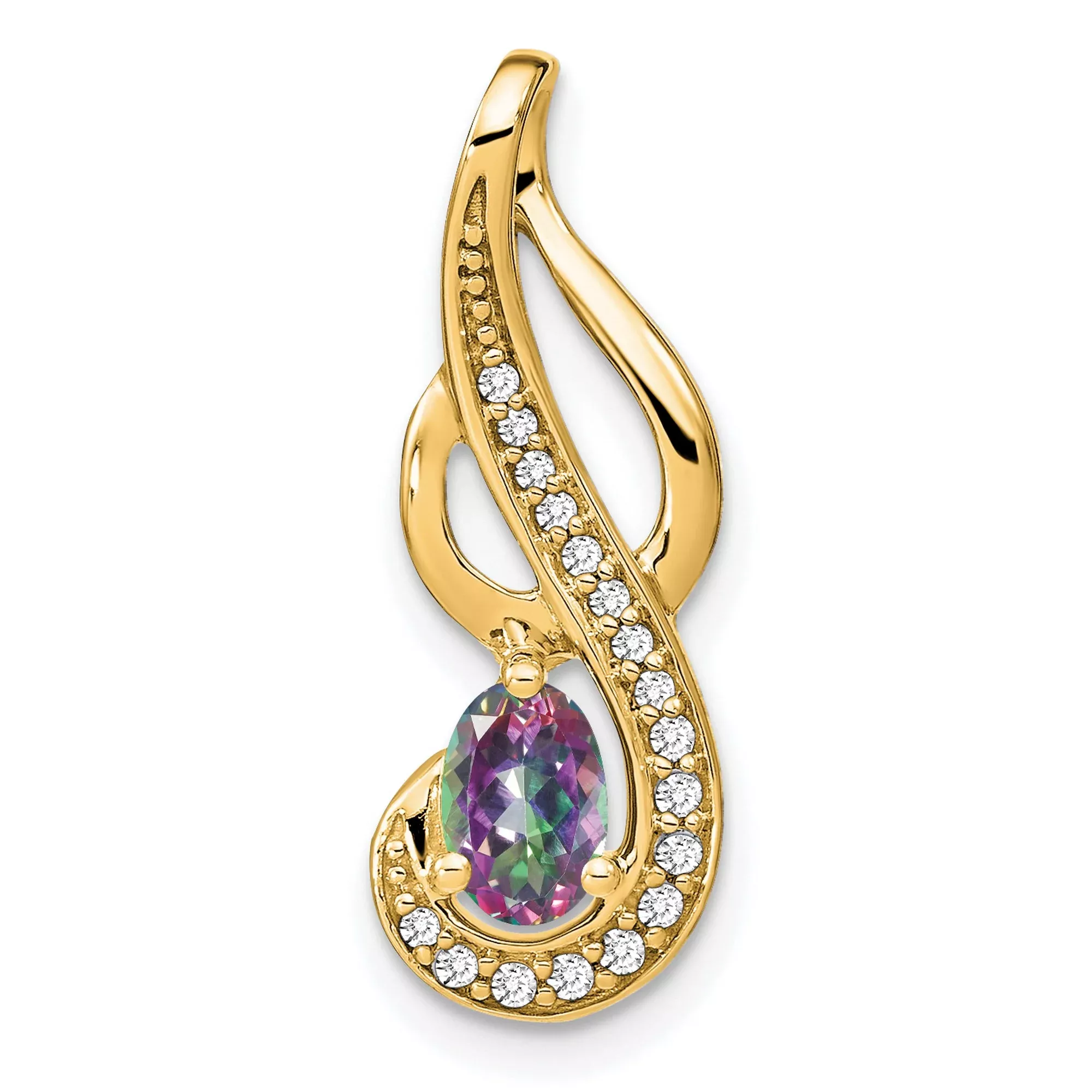 14k Yellow Gold Pendant with Mystic Fire Topaz, Marquise Gemstone, Swirl Design, Diamond Accents