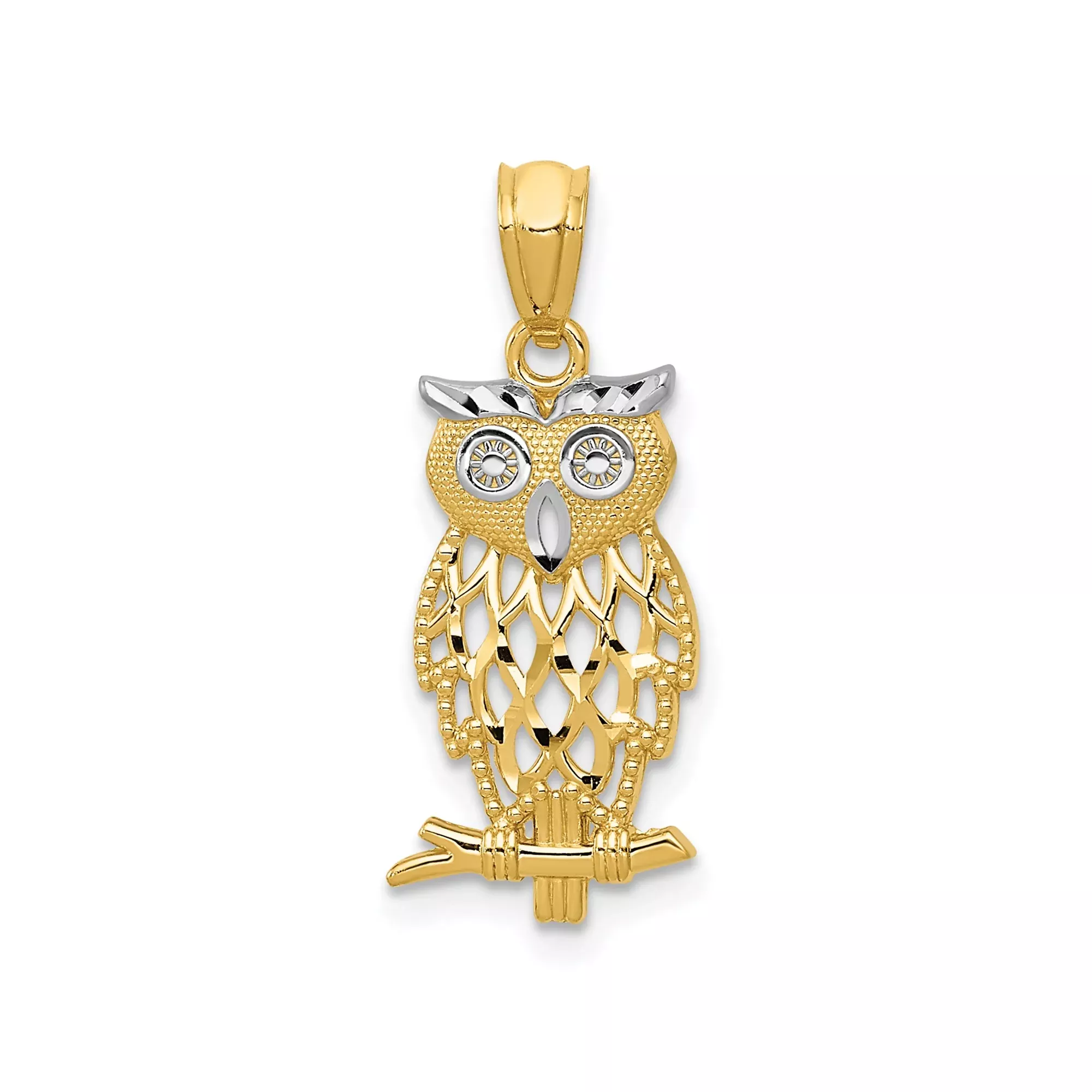 14k Yellow Gold and Rhodium Owl Pendant, Openwork Design with Diamond Cut Accents, Bird Motif