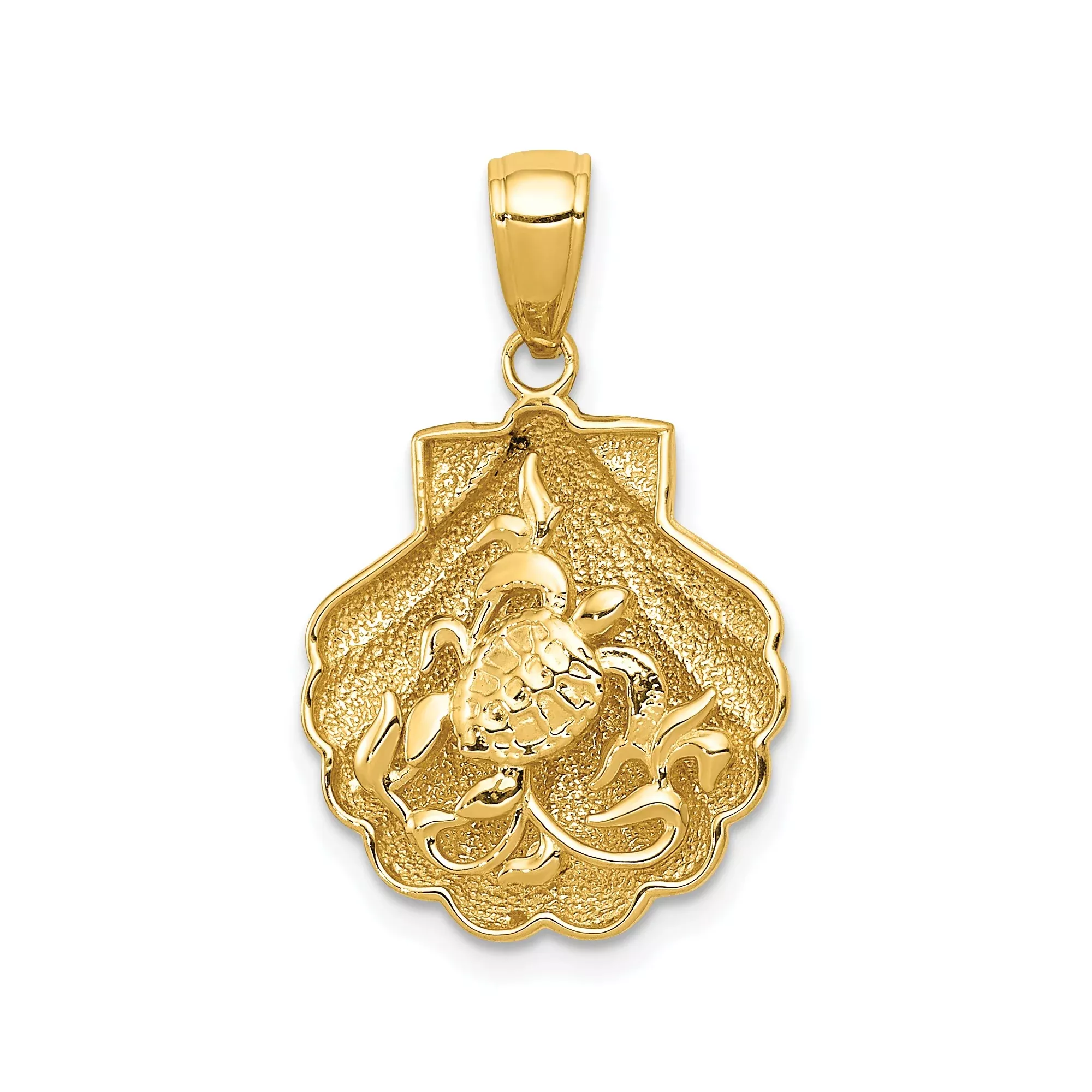 14k Yellow Gold Scallop Shell Pendant with Pomegranate and Leaf Detail, Fertility and Abundance Symbol