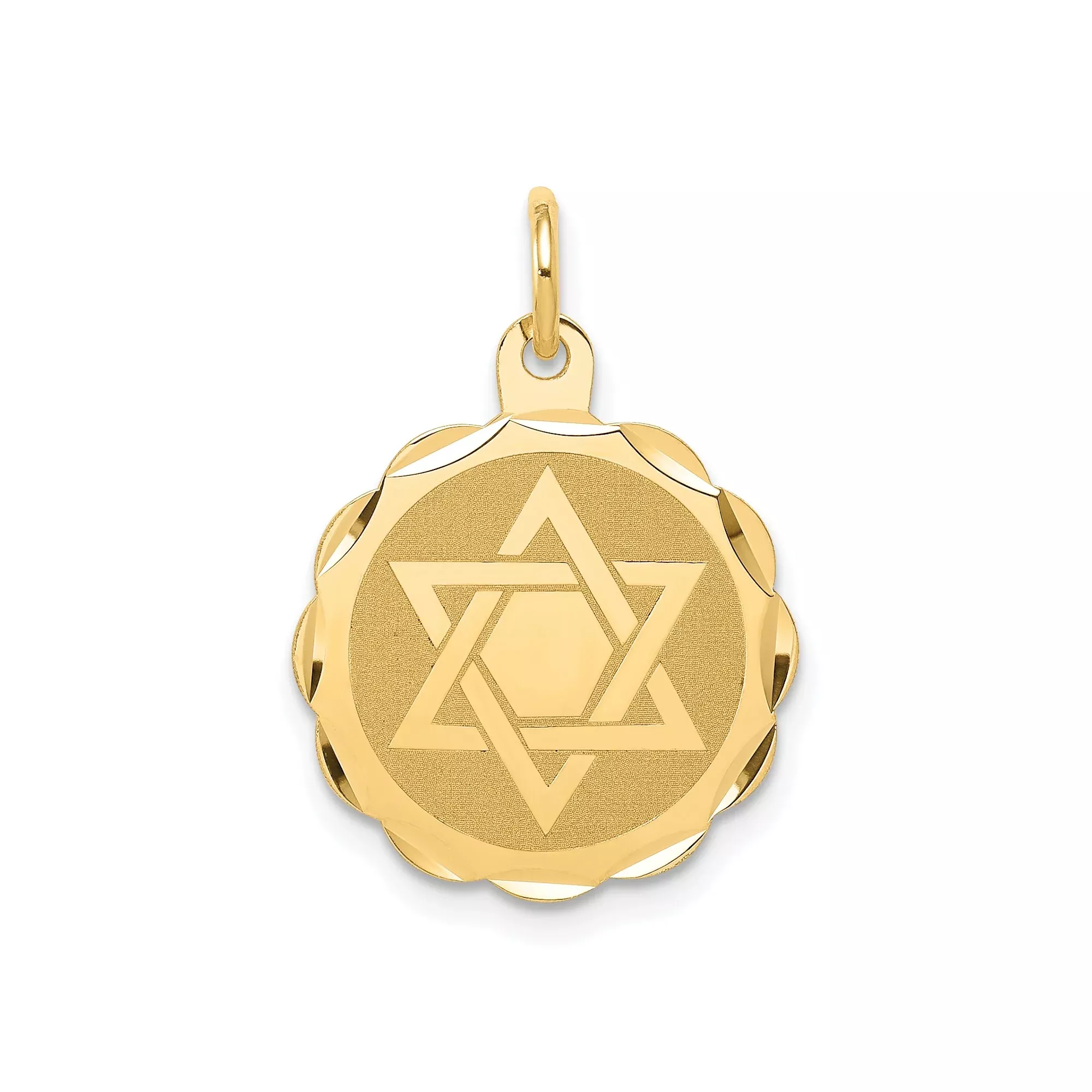 14k Yellow Gold Star of David Pendant, Polished Round Disc Religious Medallion