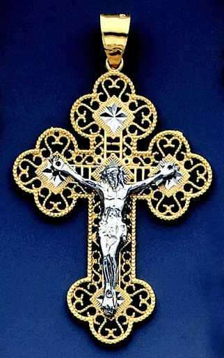 14k Yellow Gold Two Color Crucifixion Pendant 55.4mm Tall.