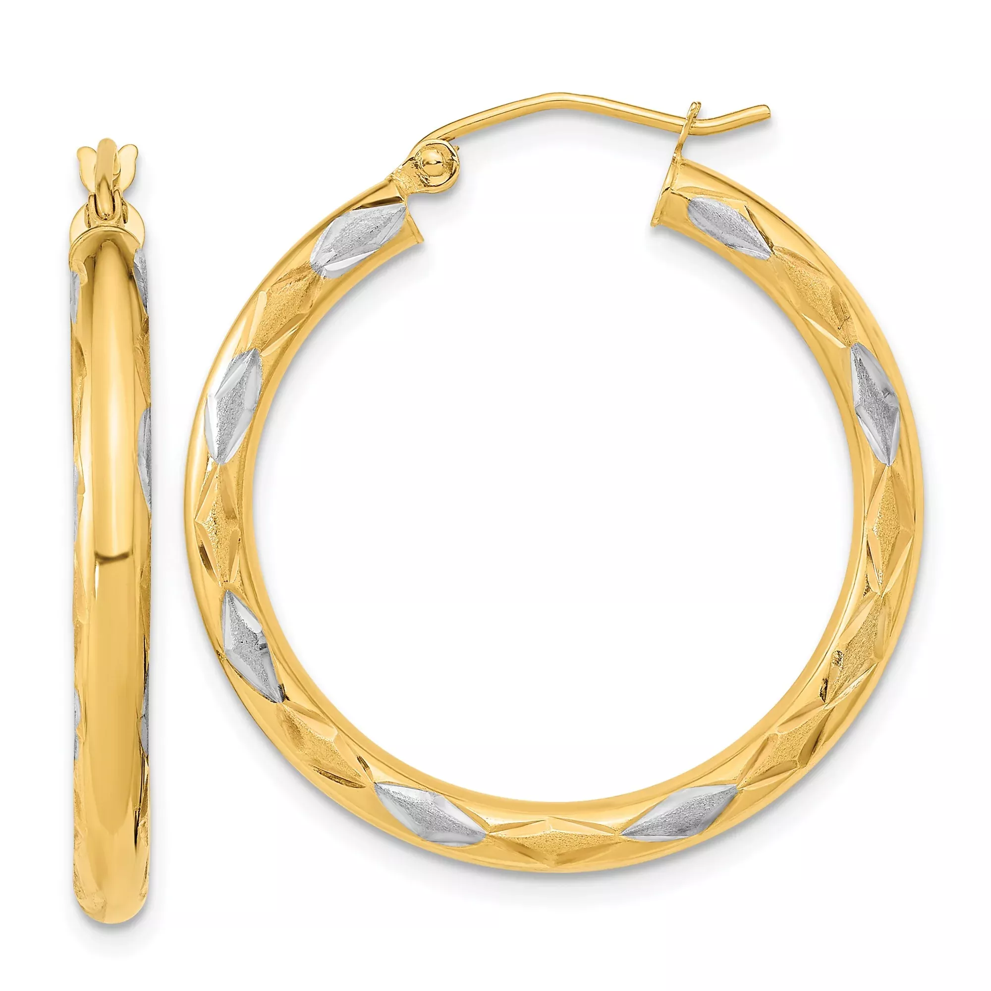 14k Yellow Gold Two Tone Hoop Earrings with Textured Diamond Cut and Polished Satin Finish